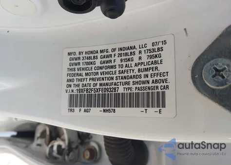 2015 Honda Civic Lx from USA, damaged, VIN 19XFB2F5XFE093287